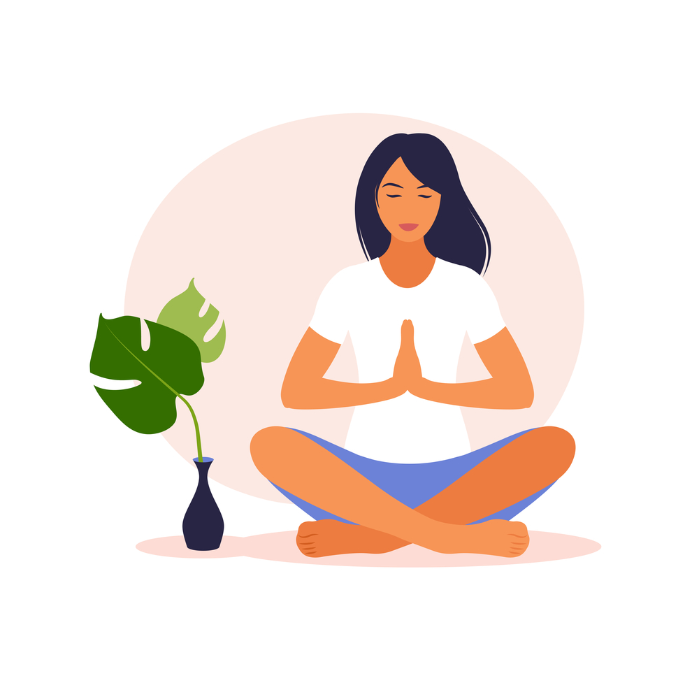 Woman meditating in nature. Meditation concept, relax, recreation, healthy lifestyle, yoga. Woman in lotus pose. Vector illustration.